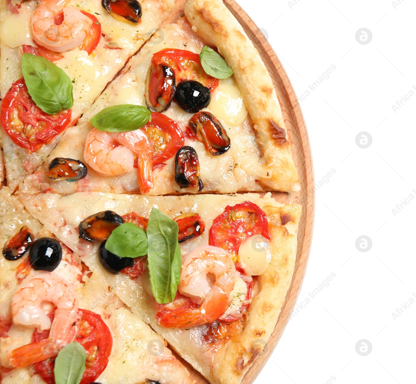 Photo of Tasty pizza with seafood isolated on white, top view