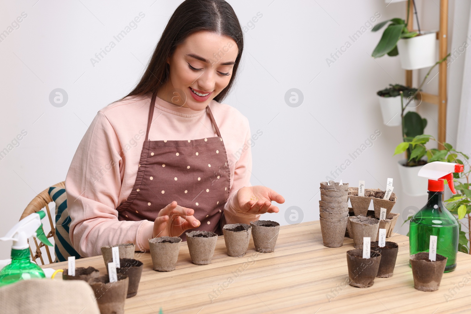 Photo of Woman planting vegetable seeds into peat pots with soil at wooden table indoors