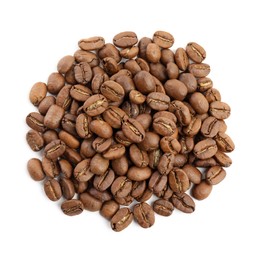 Photo of Heap of roasted coffee beans isolated on white, top view