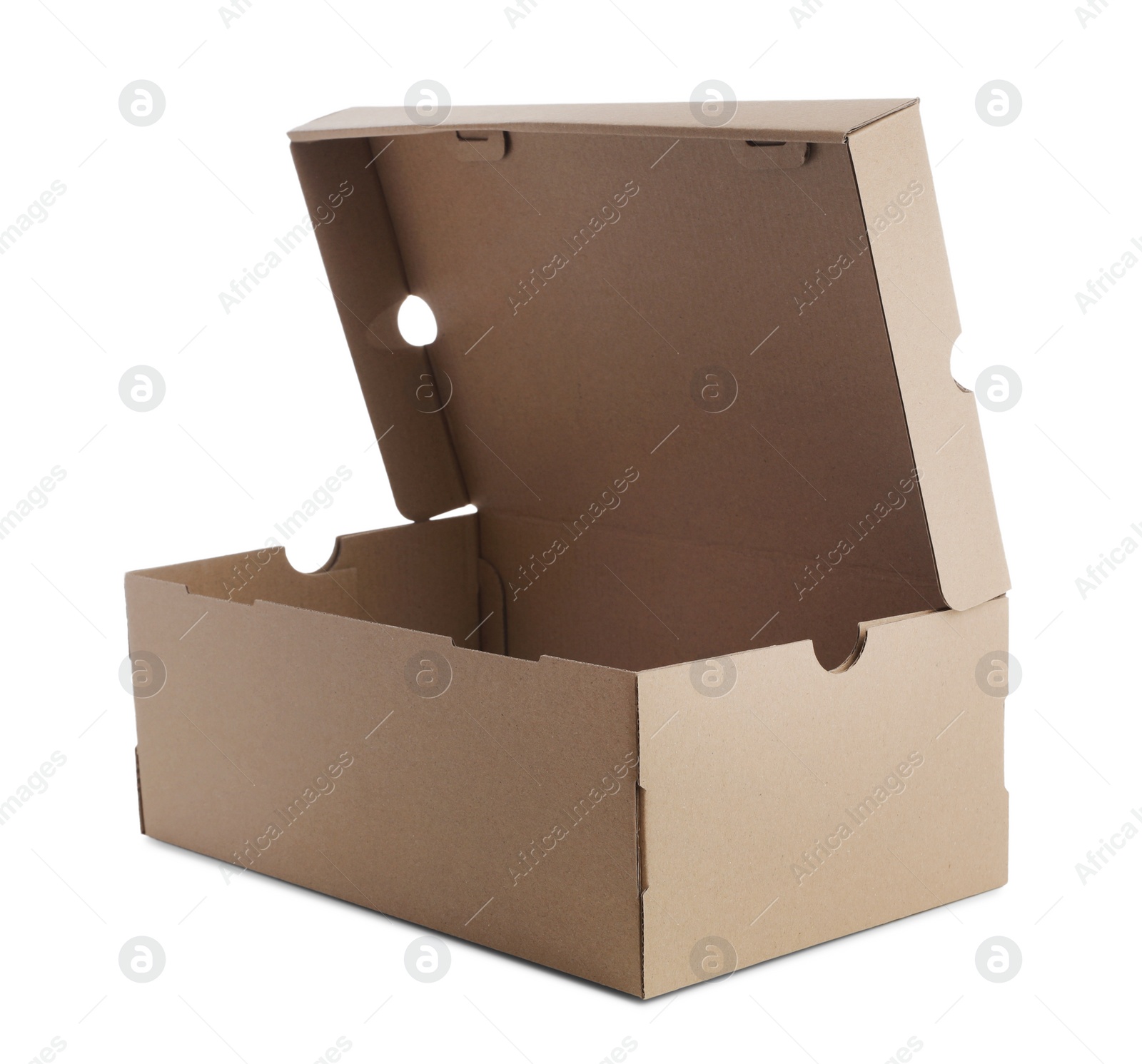 Photo of Open cardboard box for shoes isolated on white