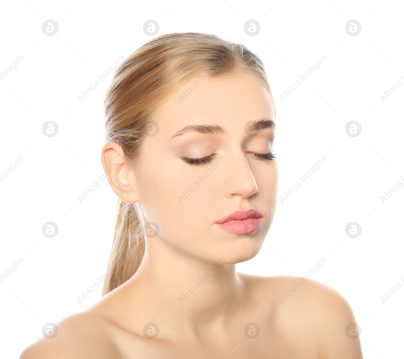 Photo of Portrait of young woman with beautiful natural eyelashes on white background
