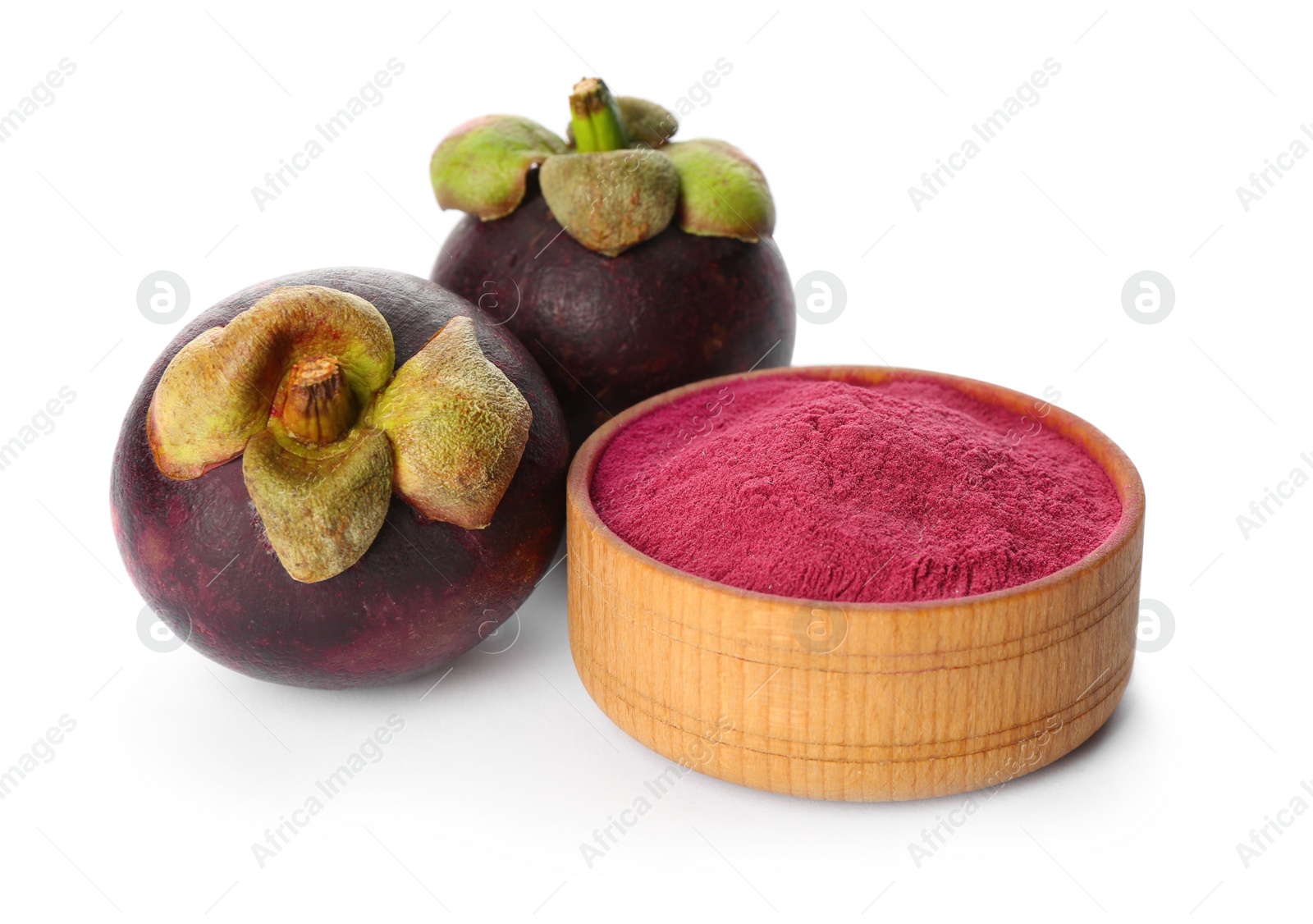 Photo of Mangosteen powder and fruits on white background