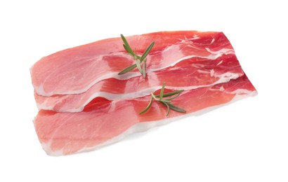 Photo of Slices of delicious jamon and rosemary isolated on white