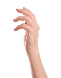 Photo of Man showing hand on white background, closeup