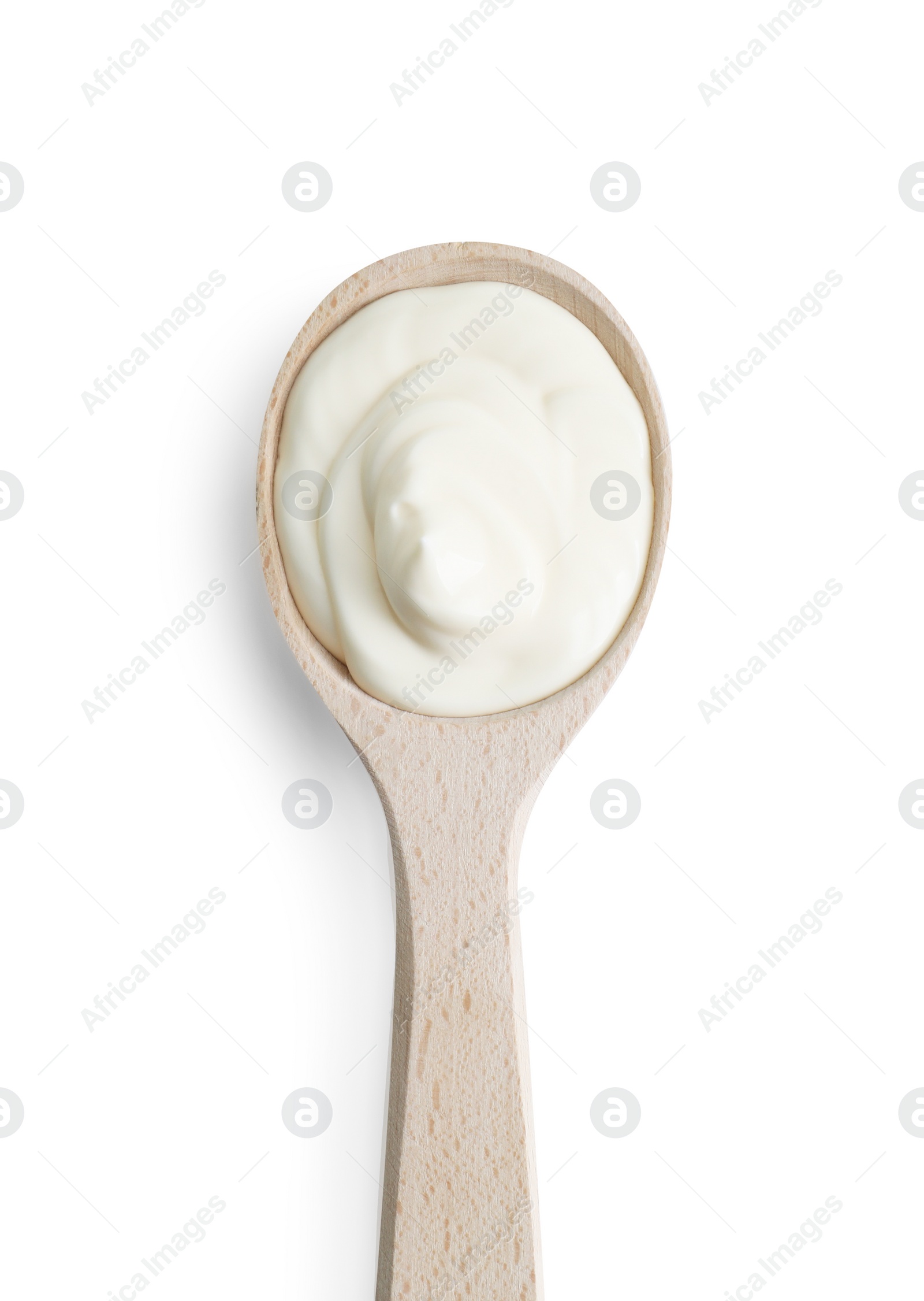 Photo of One wooden spoon with mayonnaise isolated on white, top view