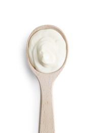 Photo of One wooden spoon with mayonnaise isolated on white, top view