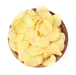 Bowl with delicious potato chips isolated on white, top view