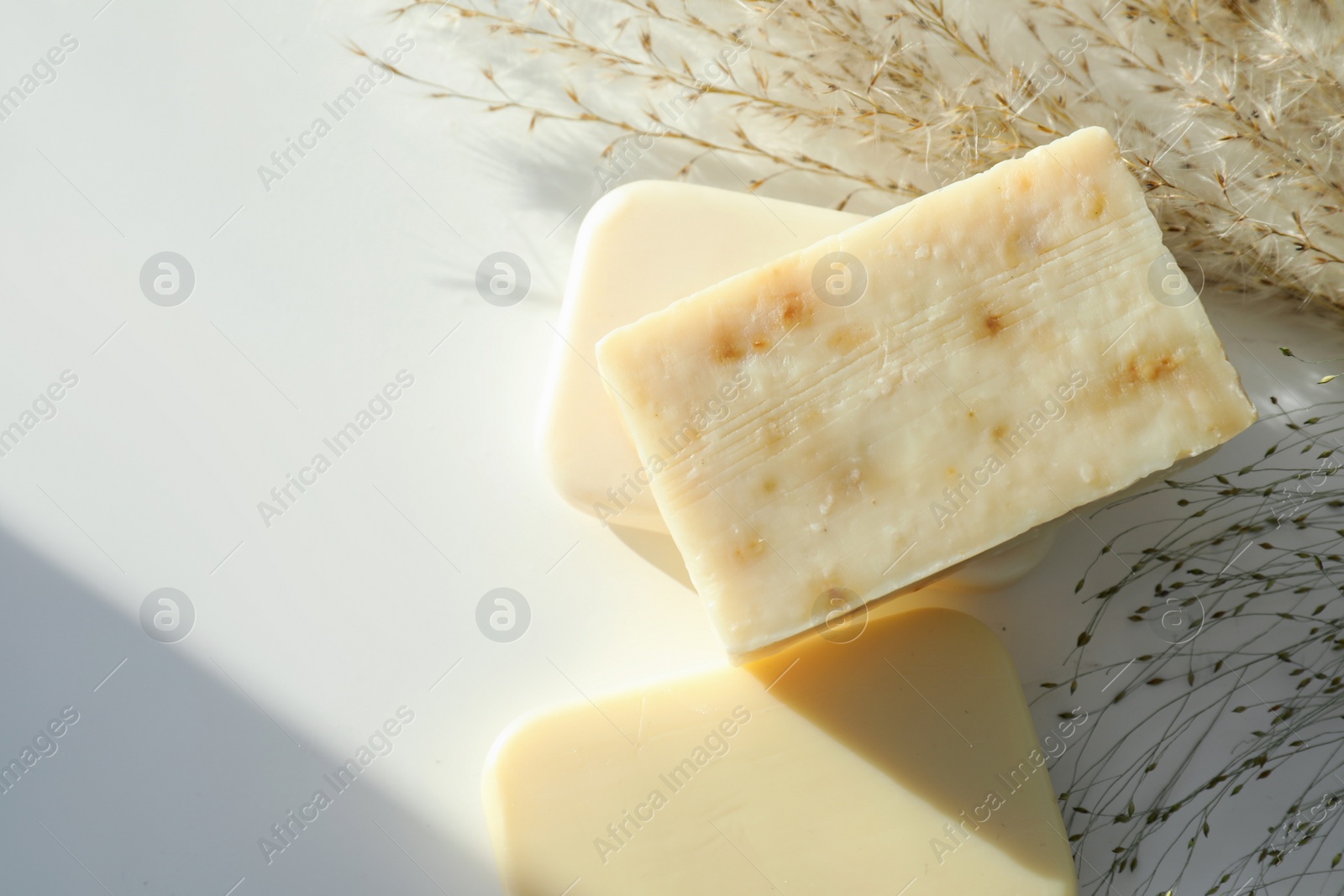 Photo of Different soap bars and dried plant on white table, flat lay. Space for text