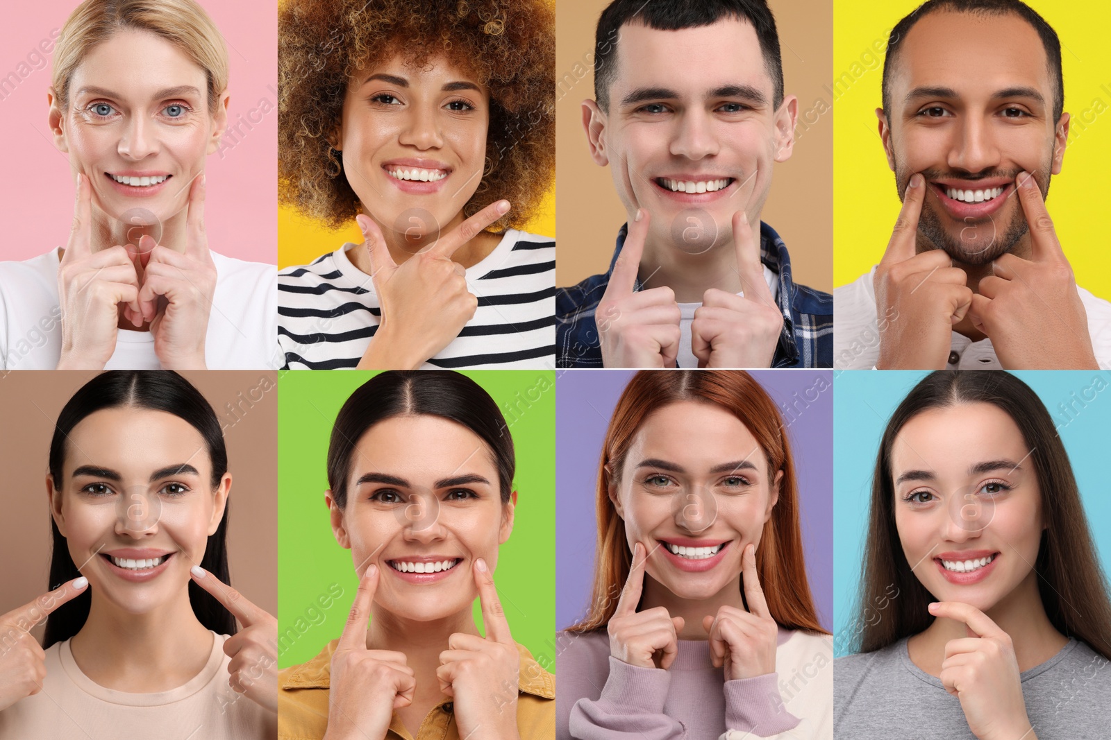 Image of People with showing white teeth on different color backgrounds, collage of photos