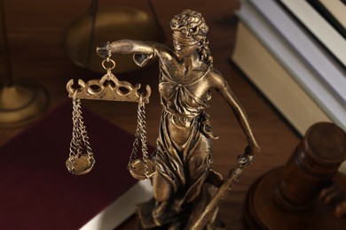 Photo of Symbol of fair treatment under law. Figure of Lady Justice, books and gavel on wooden table, closeup