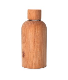 Photo of New stylish wooden bottle isolated on white