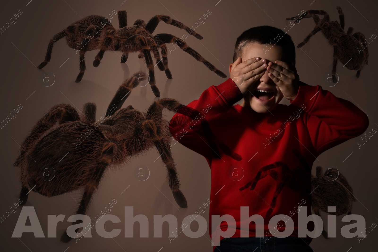 Image of Arachnophobia concept. Double exposure of scared little boy and spiders