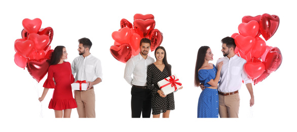 Collage of happy young couples with heart shaped balloons on white background. Banner design