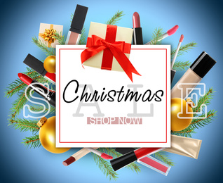 Christmas sale ad with makeup products and decor