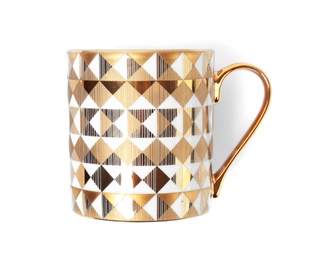 Stylish gold cup with pattern on white background, top view
