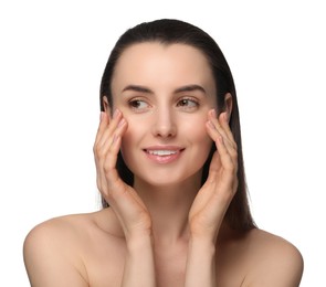 Portrait of beautiful young woman on white background