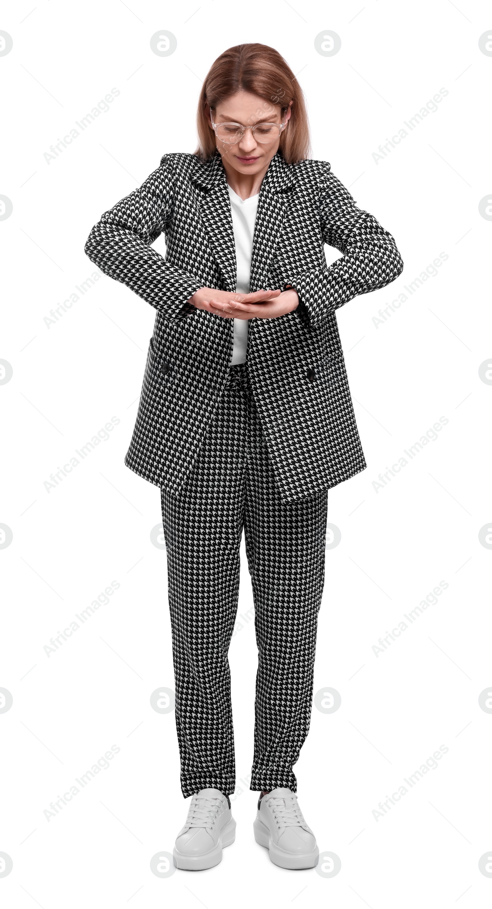 Photo of Beautiful businesswoman in suit posing on white background