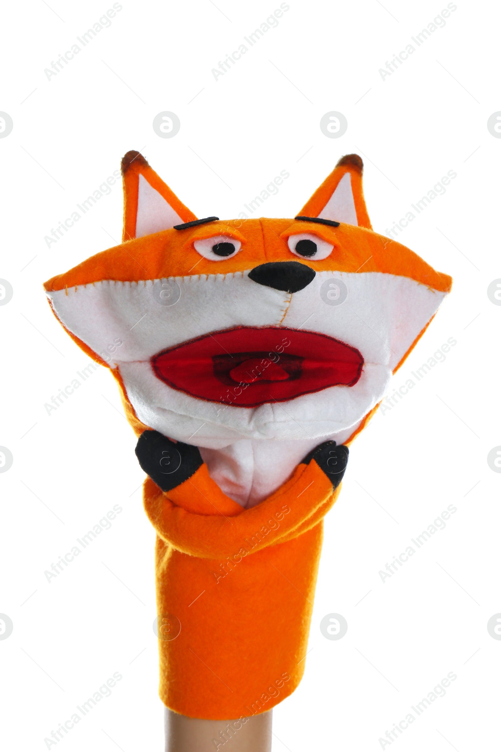 Photo of Fox puppet for show on hand against white background