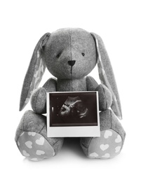 Ultrasound photo of baby and toy rabbit on white background. Concept of pregnancy