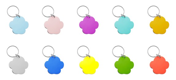 Image of Set with multicolor dog tags on white background. Banner design