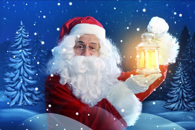 Image of Santa Claus with glowing lantern in winter forest. Christmas magic