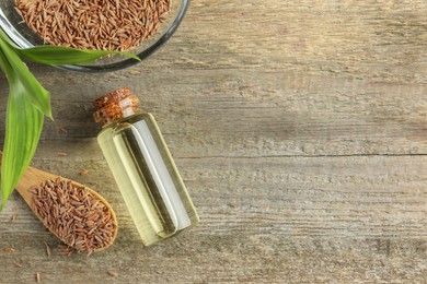 Caraway (Persian cumin) seeds and essential oil on wooden table, flat lay. Space for text