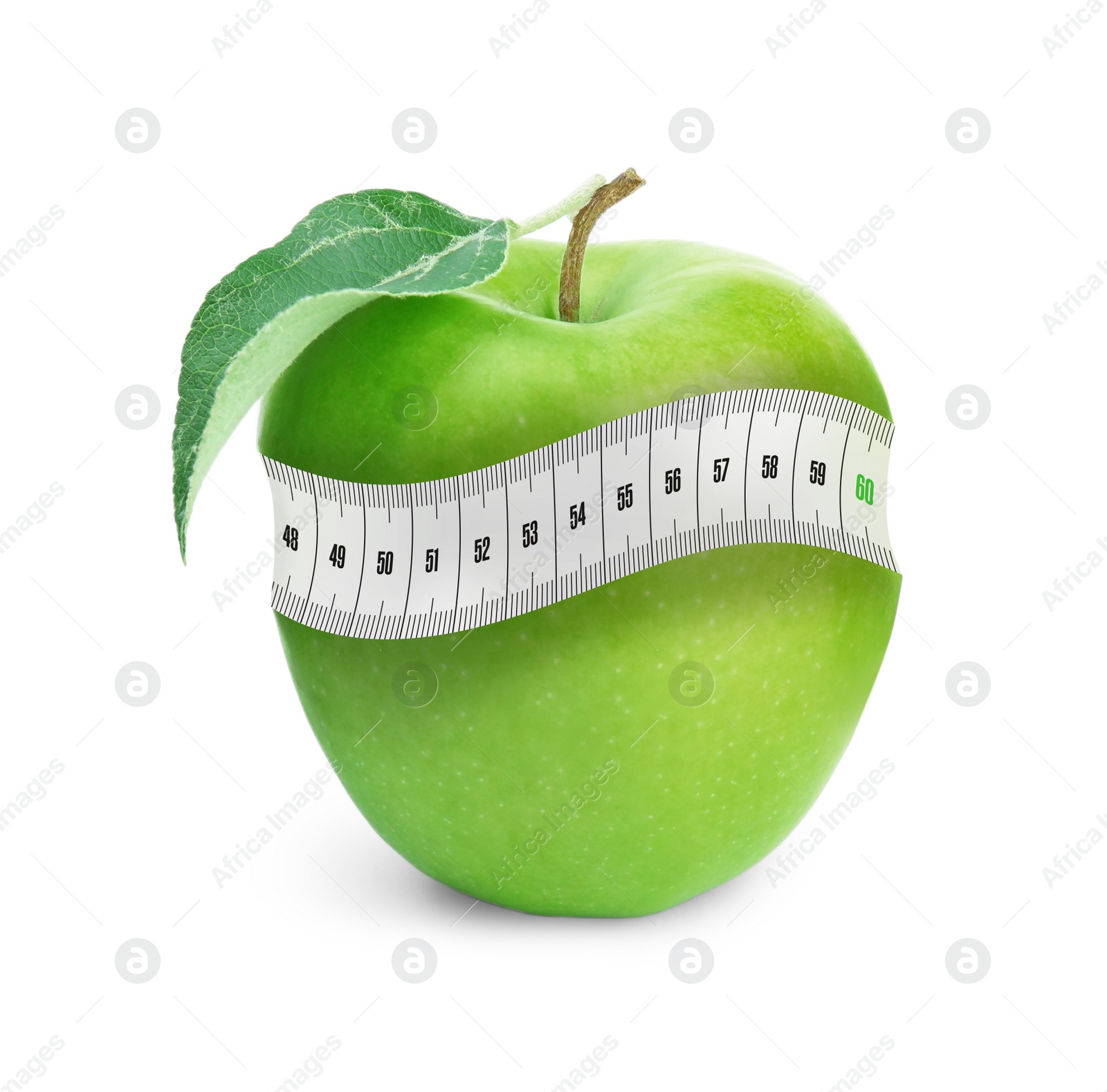 Image of Green apple with measuring tape on white background. Slimming, weight loss concept