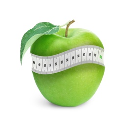 Green apple with measuring tape on white background. Slimming, weight loss concept