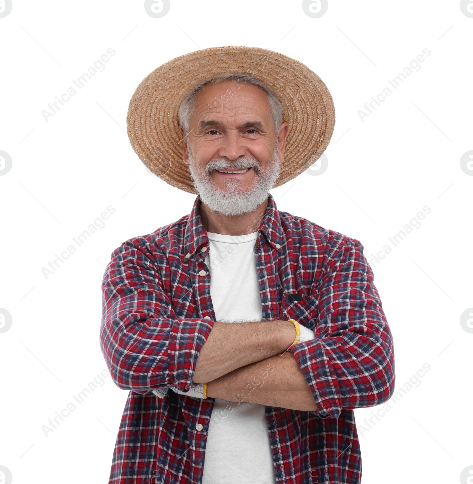 Photo of Harvesting season. Happy farmer with crossed arms on white background