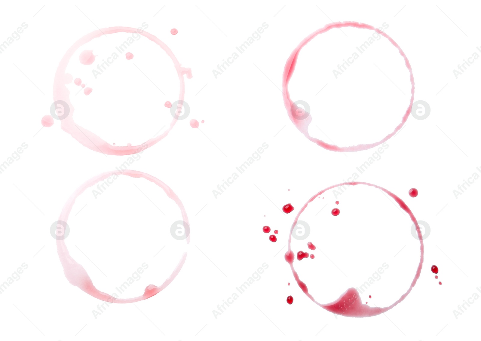 Photo of Many wine rings and drops on white background, top view