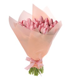 Photo of Bouquet of beautiful pink tulips isolated on white