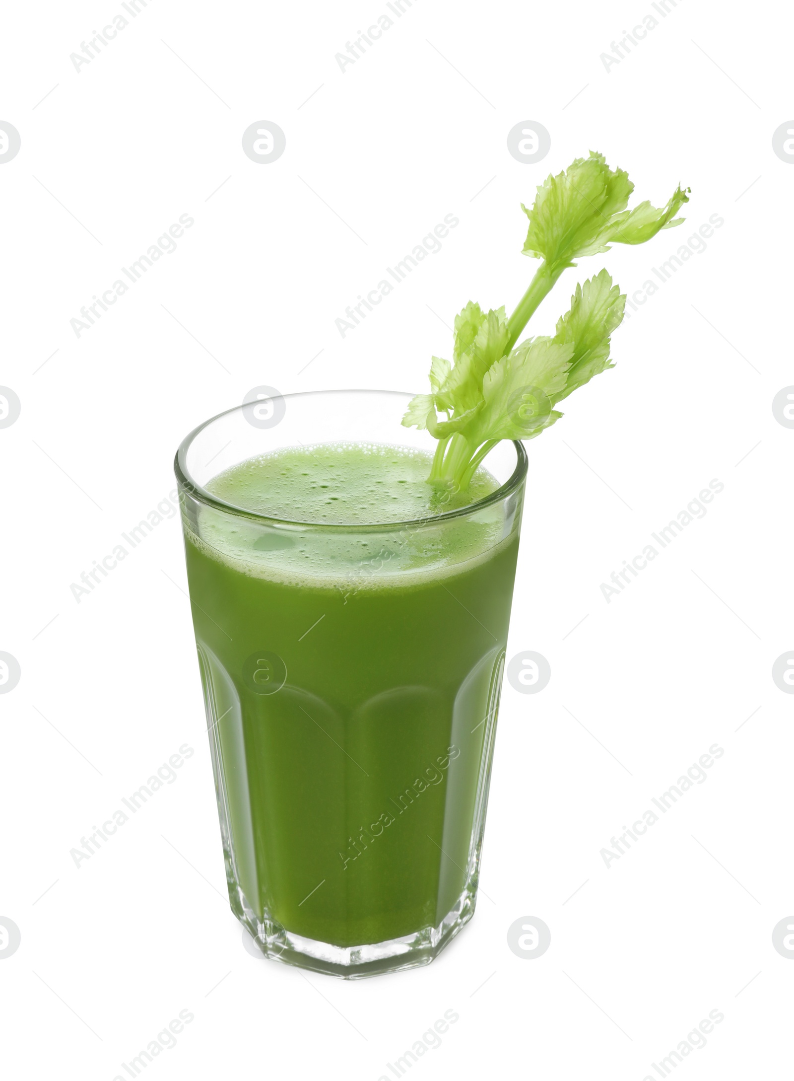 Photo of Glass of fresh celery juice on white background