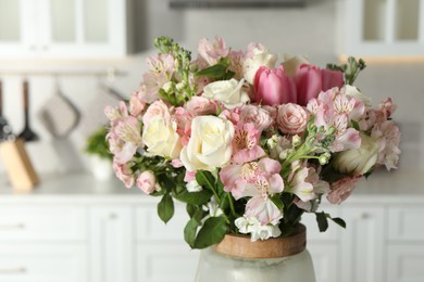 Beautiful bouquet of fresh flowers in vase indoors