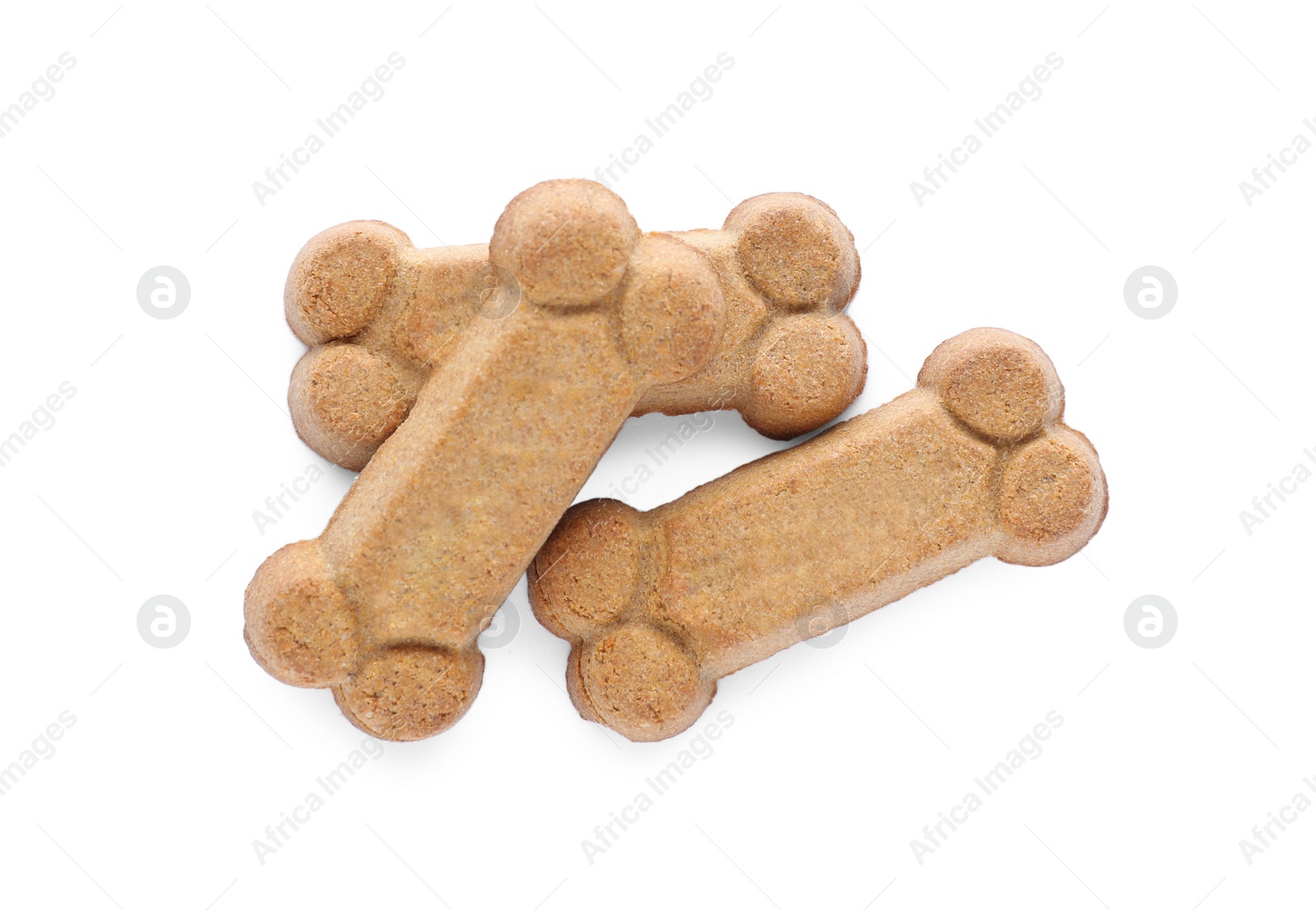 Photo of Bone shaped dog cookies on white background, top view