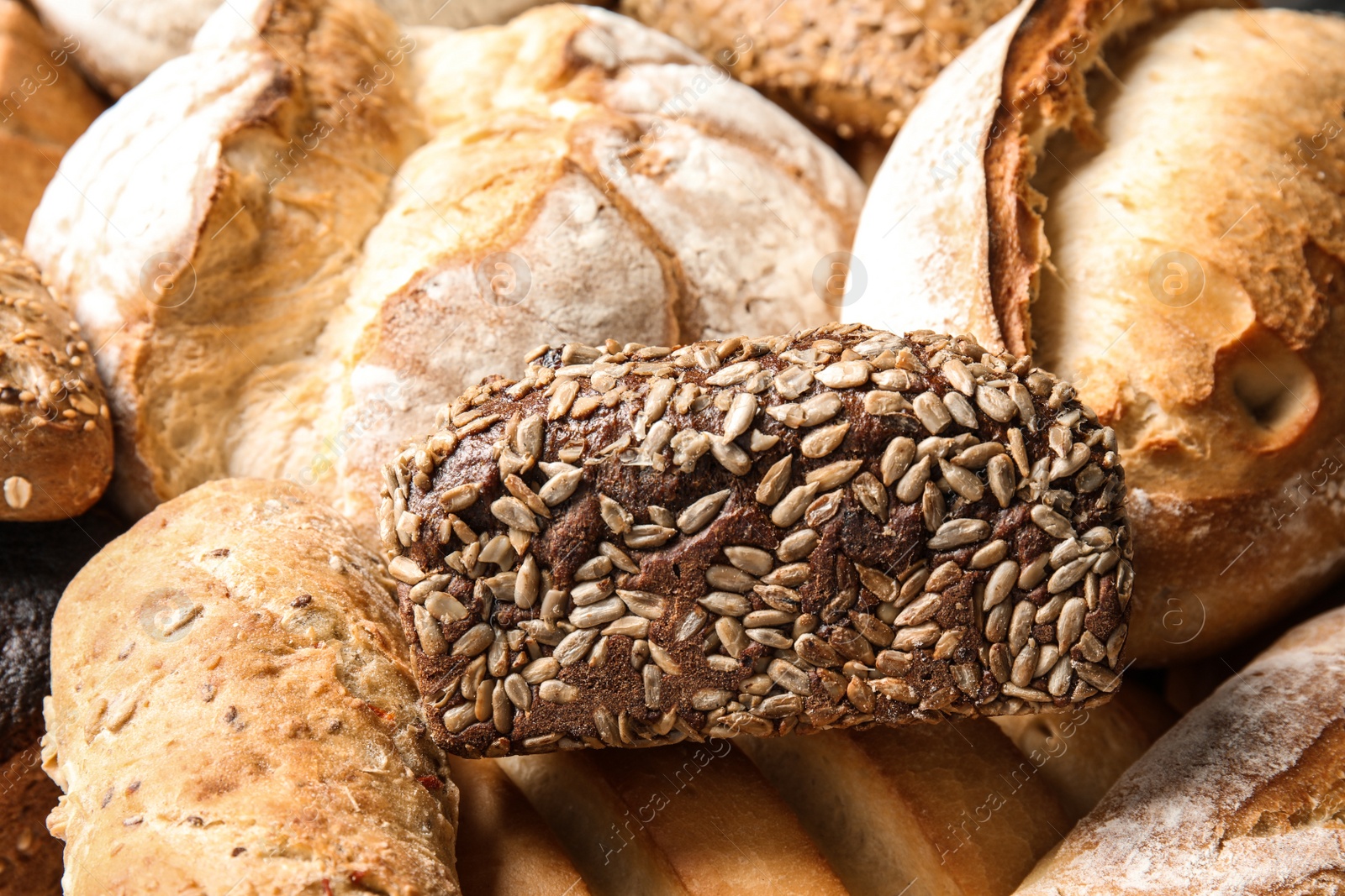 Photo of Different kinds of fresh bread as background, closeup