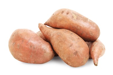 Photo of Tasty fresh sweet potatoes on white background