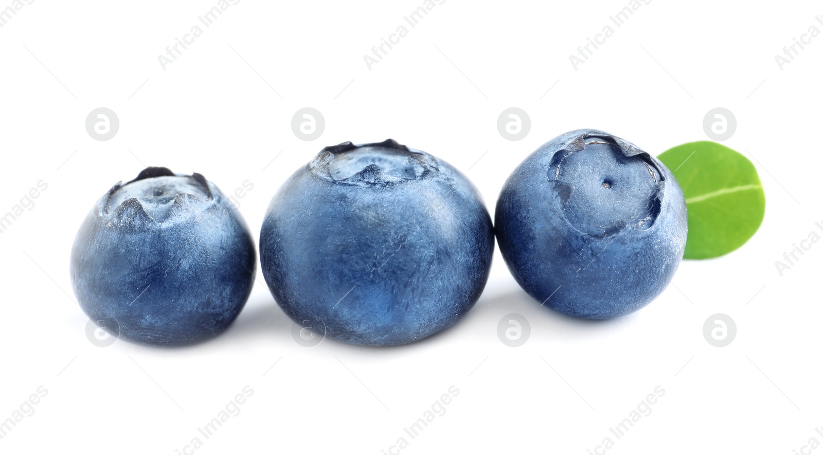 Photo of Fresh raw tasty blueberries with leaf isolated on white