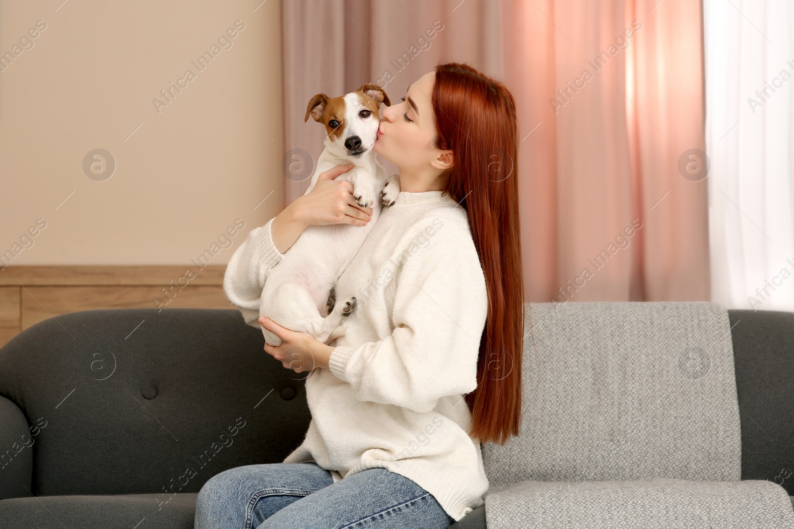 Photo of Woman kissing cute Jack Russell Terrier dog on sofa at home