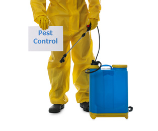 Man wearing protective suit with insecticide sprayer and sign PEST CONTROL on white background, closeup