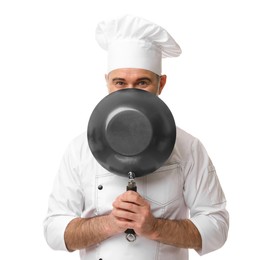 Photo of Chef in uniform with frying pan isolated on white