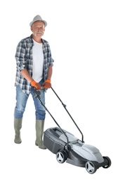 Senior man with modern lawn mower on white background