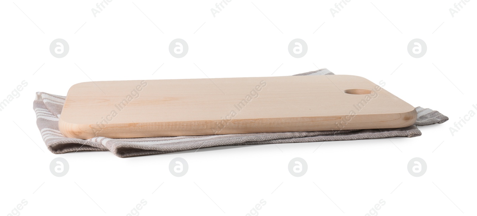 Photo of Wooden cutting board and kitchen towel on white background