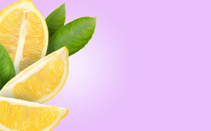 Image of Cut fresh lemon with green leaves falling on pastel violet background, space for text