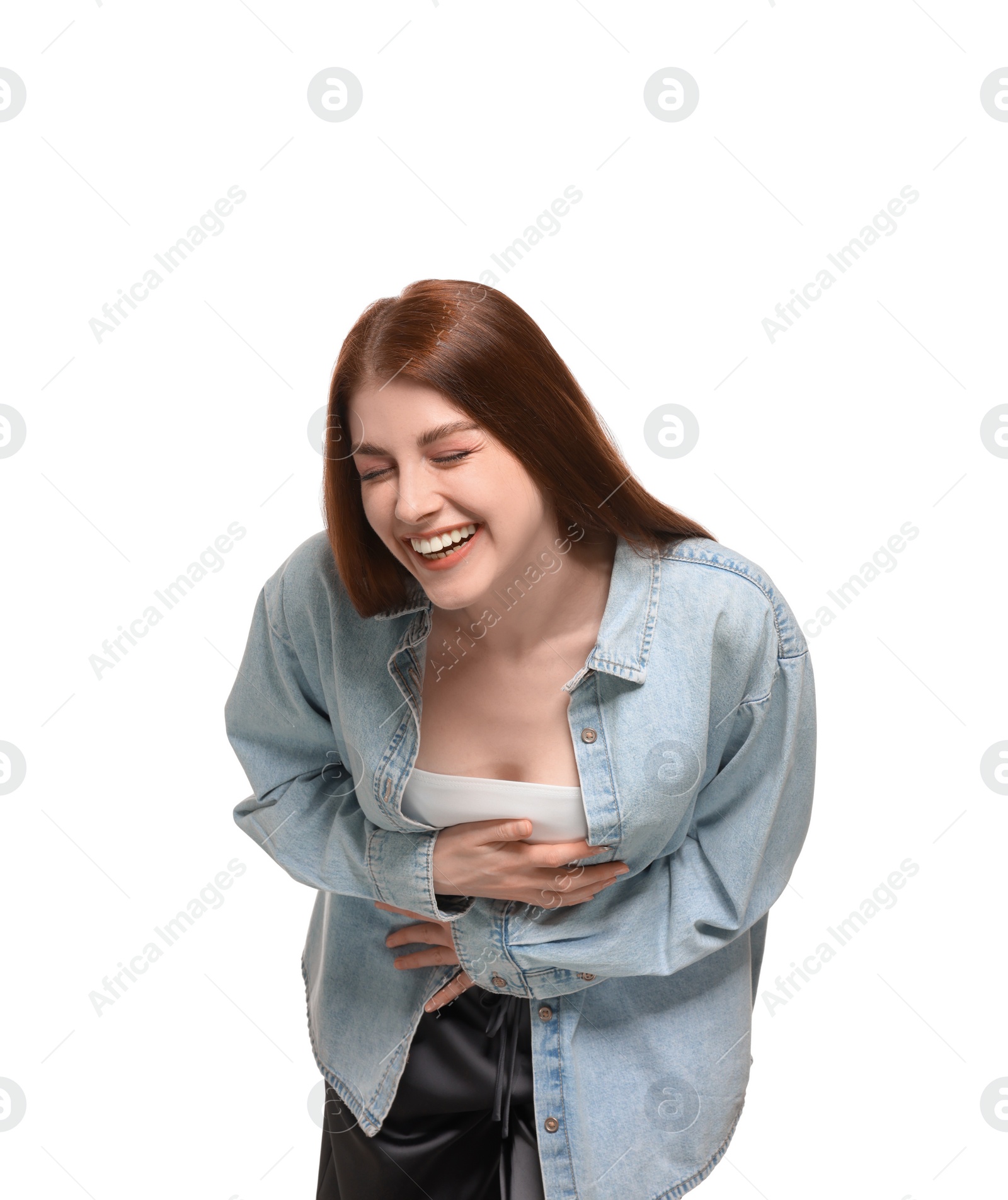 Photo of Portrait of beautiful woman laughing on white background