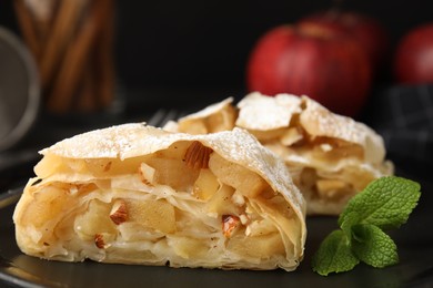 Delicious apple strudel with almonds, powdered sugar and mint on plate, closeup