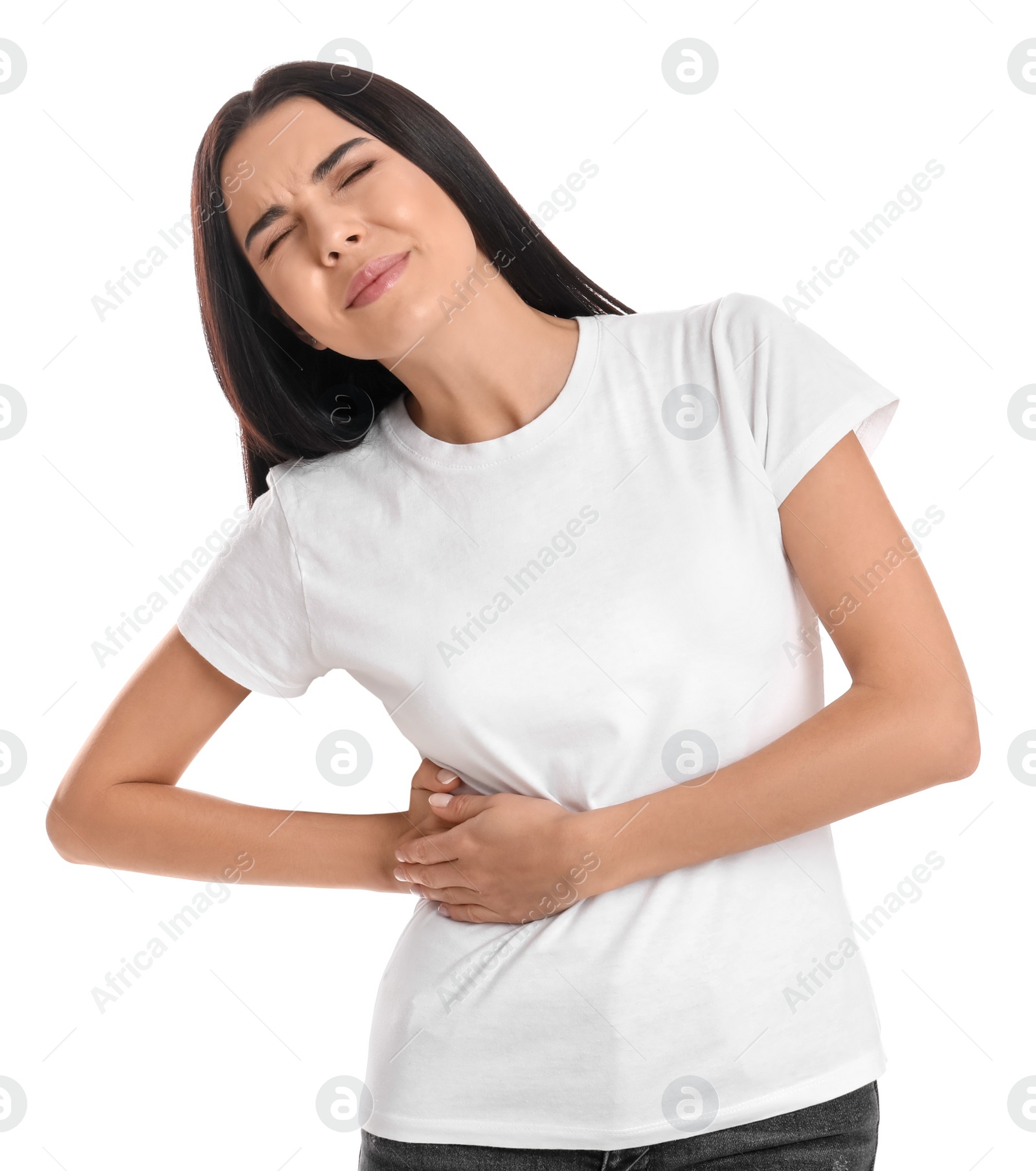 Photo of Woman suffering from liver pain on white background