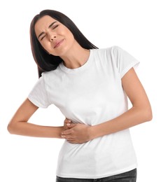 Woman suffering from liver pain on white background