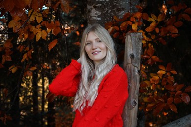 Portrait of beautiful young woman in autumn forest