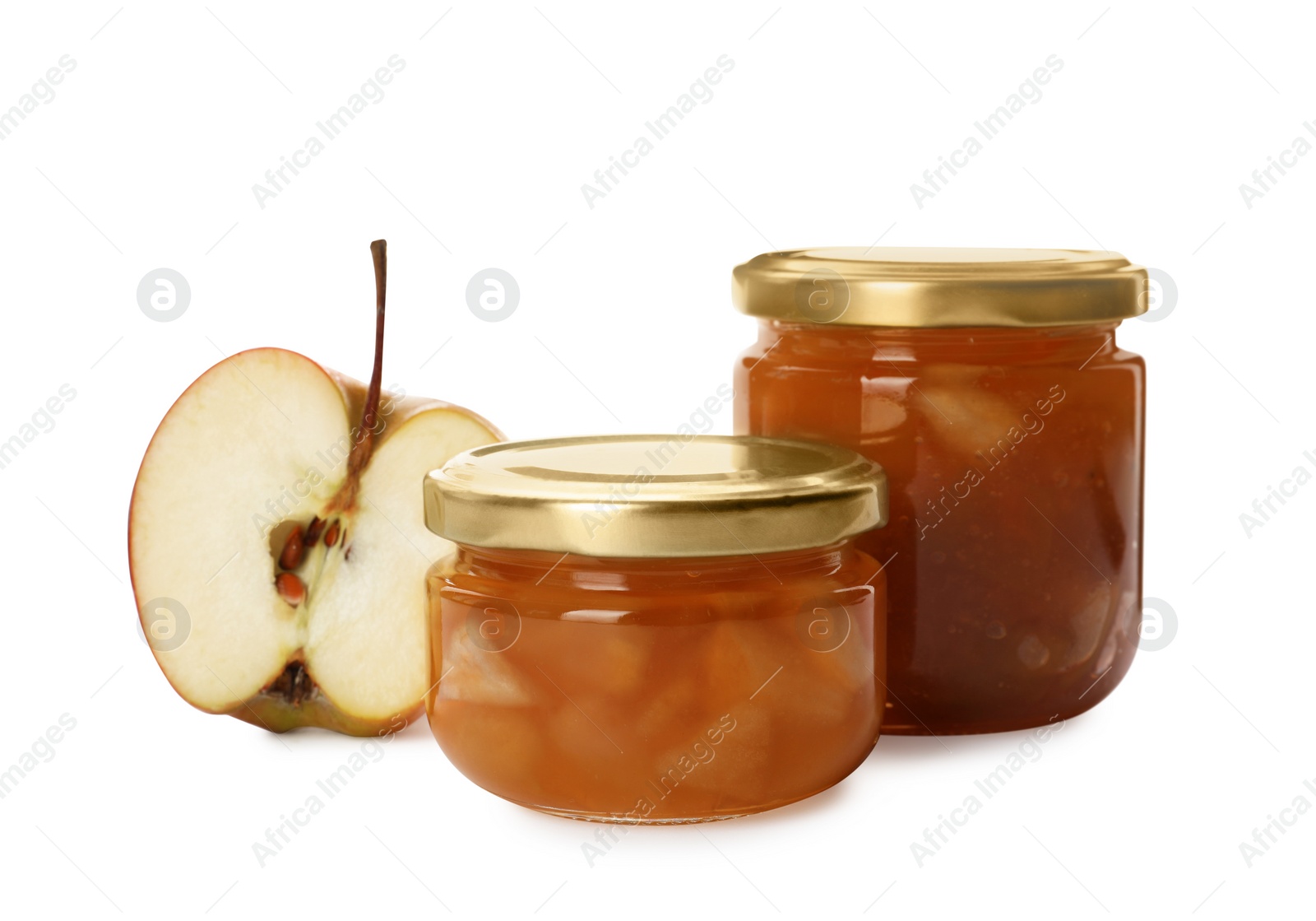 Photo of Tasty apple jam in glass jars and fresh fruit on white background