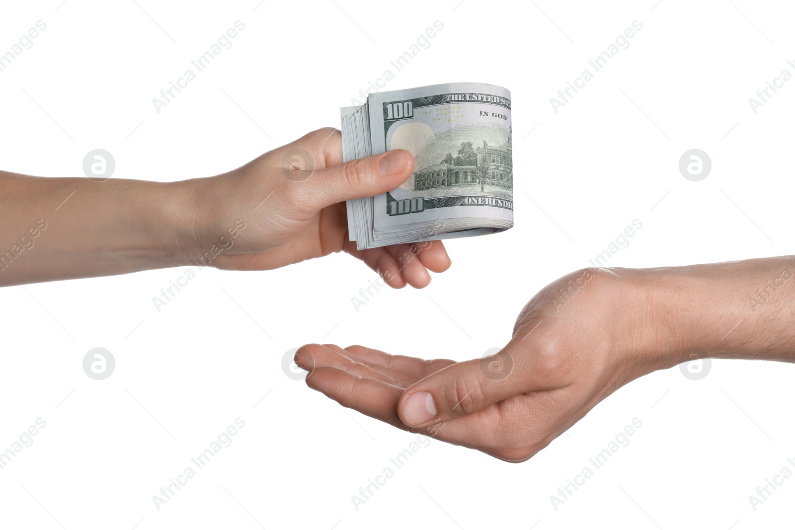 Photo of Money exchange. Man giving dollar banknotes to woman on white background, closeup